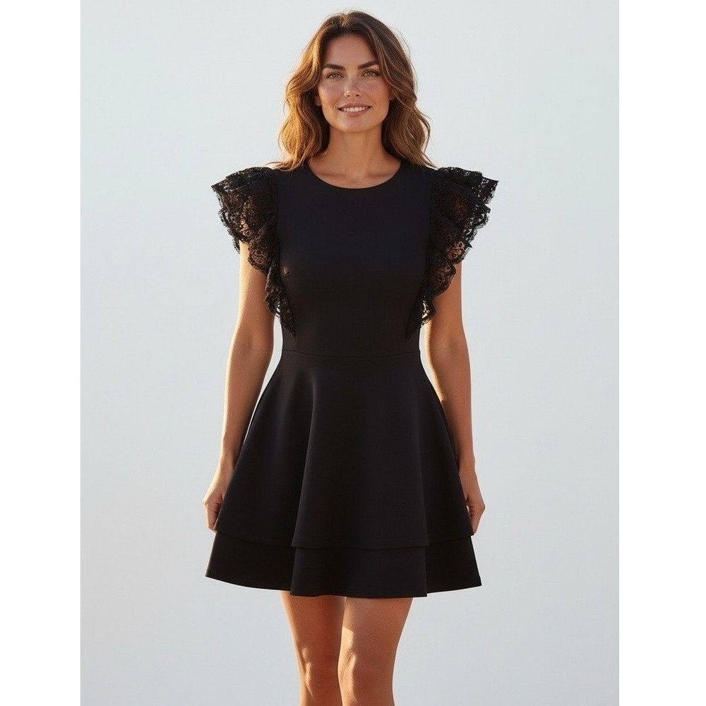 Crystal Doll Crepe Dress Black Fit Flare 3D Rosette Sleeve Small LBD Party Tier